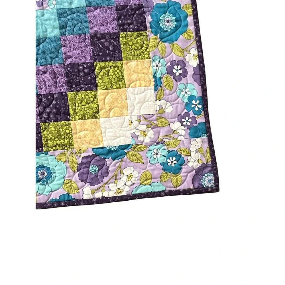 Vintage Handmade Patchwork Quilt Throw Lavender Teal Floral 40x40